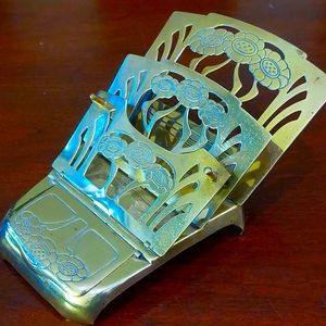 Antique German Art Nouveau brass mail rack with inkwell.